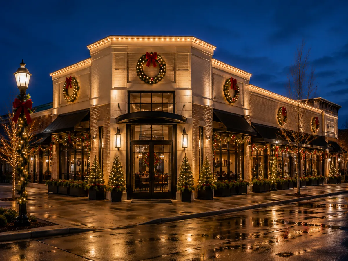 Business Christmas lighting display with tree wraps, wreaths, and elegant architectural lighting accents.