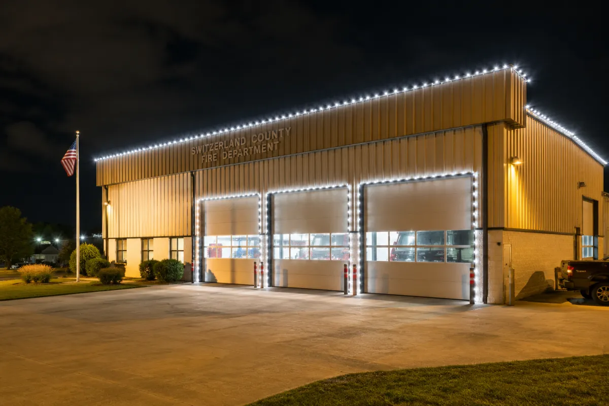 Commercial-grade Christmas lighting display with colorful LED lights and illuminated seasonal accents.