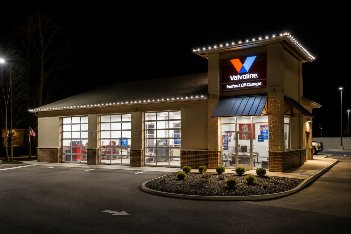 Commercial holiday lighting featuring LED lights wrapped around trees, entrances, and outdoor structures.
