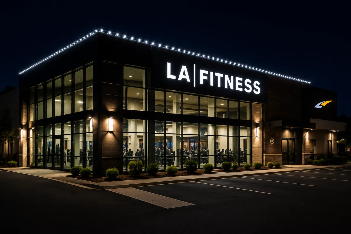 Outdoor Christmas lighting for businesses featuring professionally installed LED lights and festive décor.