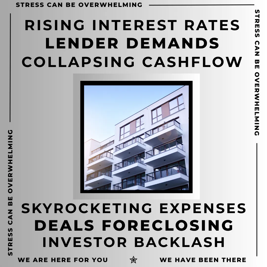 Graphic highlighting rising interest rates, lender demands, collapsing cash flow, skyrocketing expenses, foreclosing multifamily deals, and investor backlash.