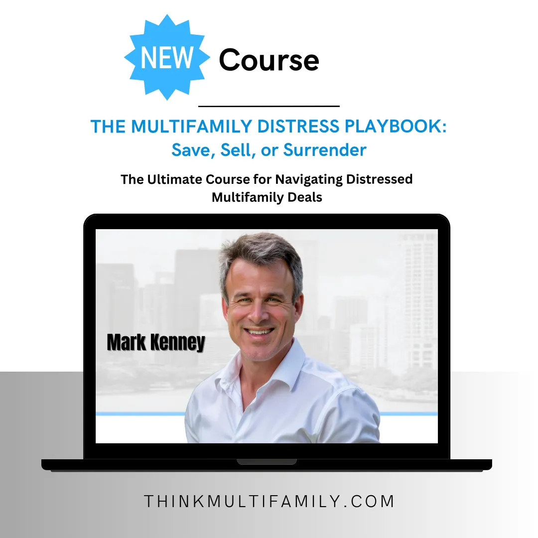 Mark Kenney on a laptop promoting the Multifamily Distress Playbook course, a training on saving and profiting from struggling multifamily deals.