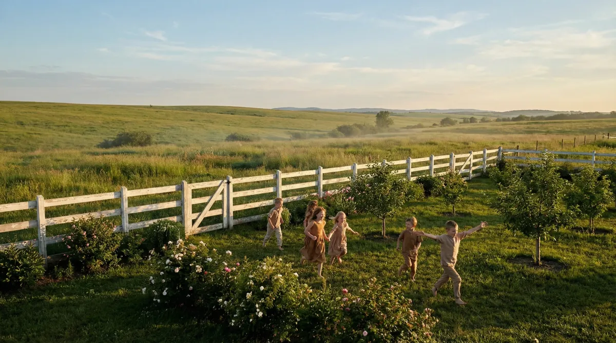 Children playing and running freely in a fenced green field during sunset, representing how boundaries provide safety and structure that allow children to explore confidently.
