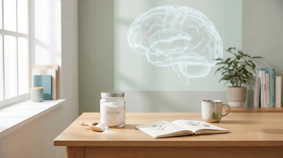 Creatine supplement and brain illustration representing brain energy and cognitive function