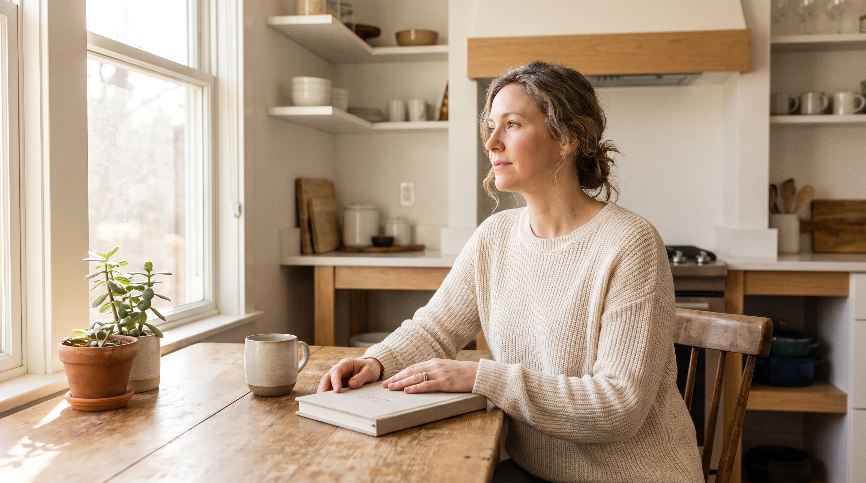 Woman sitting at a kitchen table journaling and reflecting on anxiety and gratitude in a calm home setting