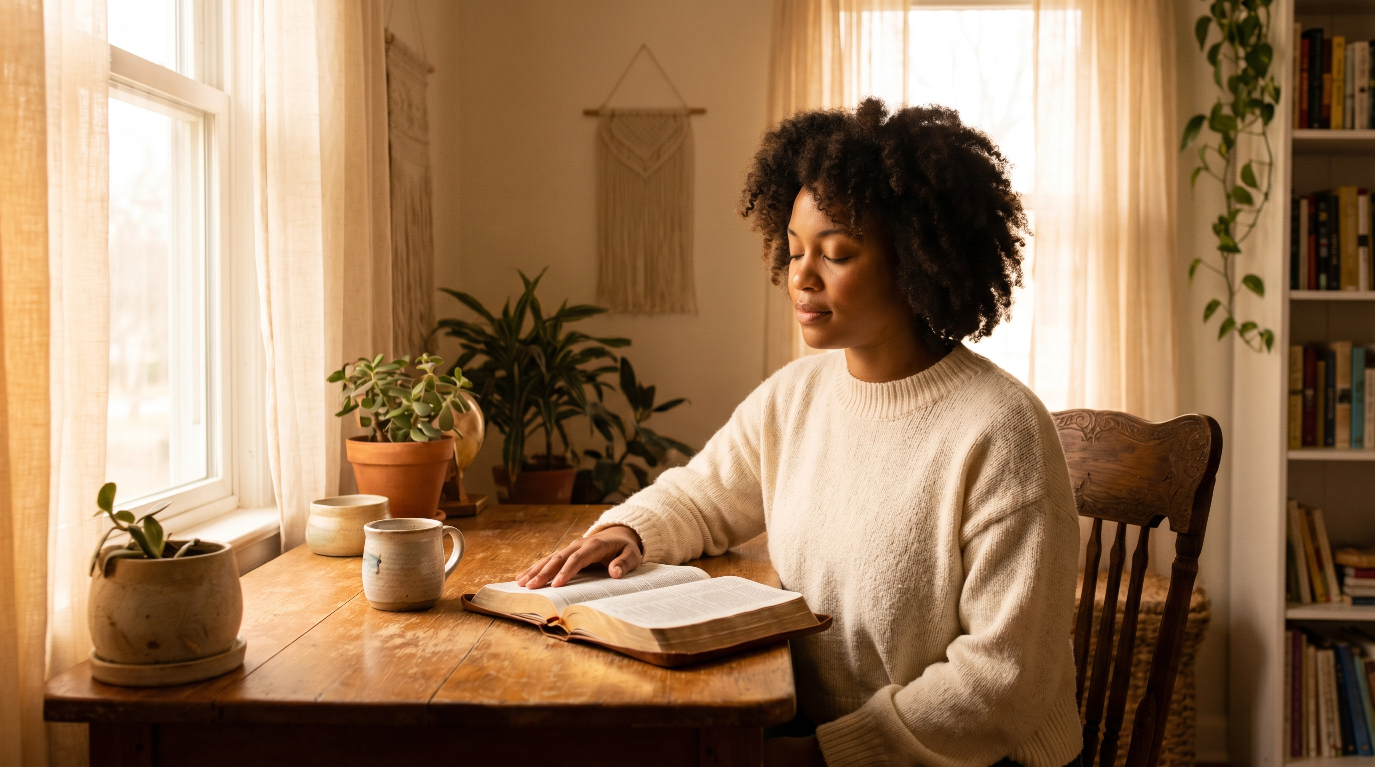 Woman sitting at a table reading a Bible with eyes closed in a calm, sunlit room, reflecting quietly in a peaceful home setting.