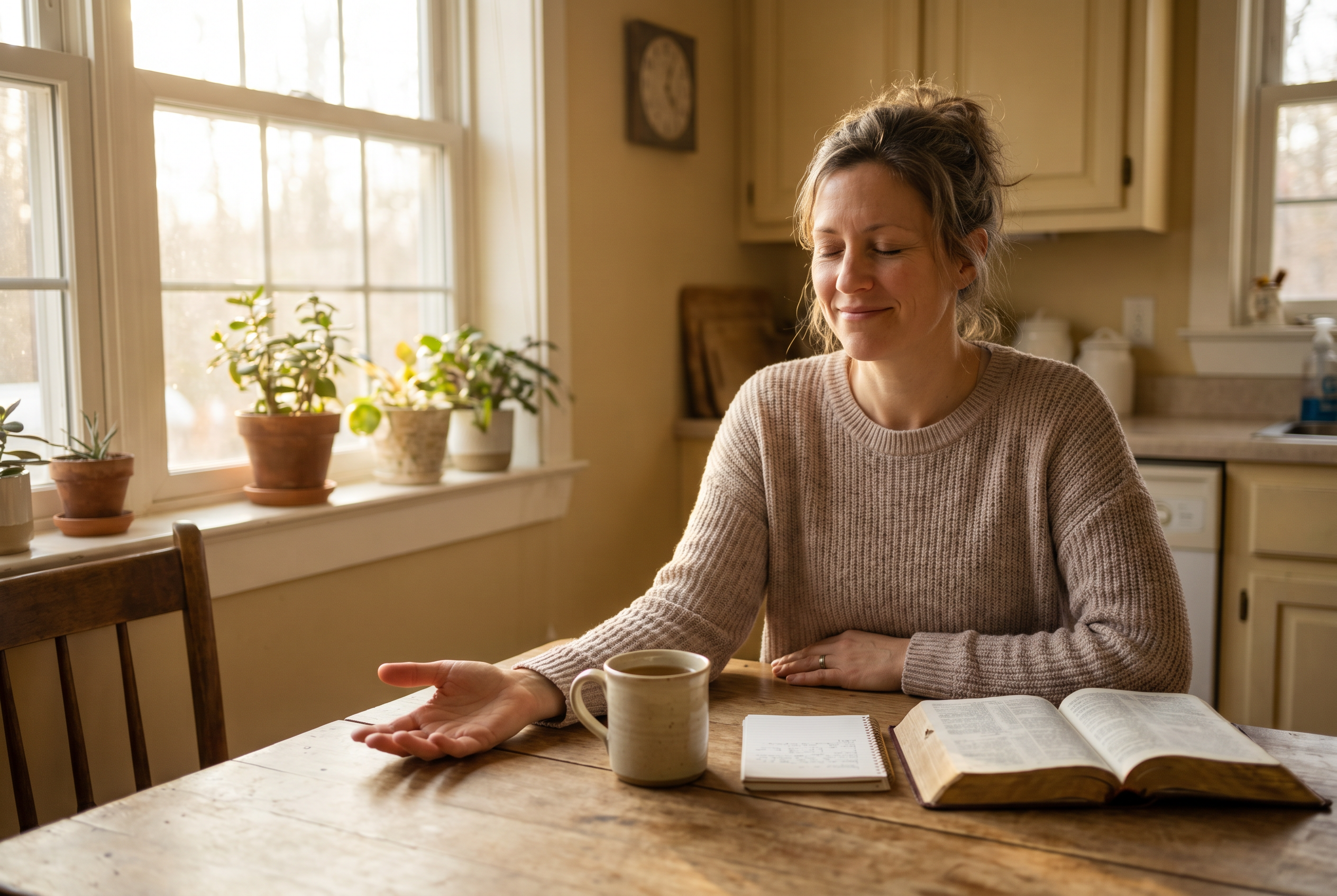 Woman sitting at a table with a Bible and journal, practicing calm and reflection while working through anxiety in a peaceful home setting