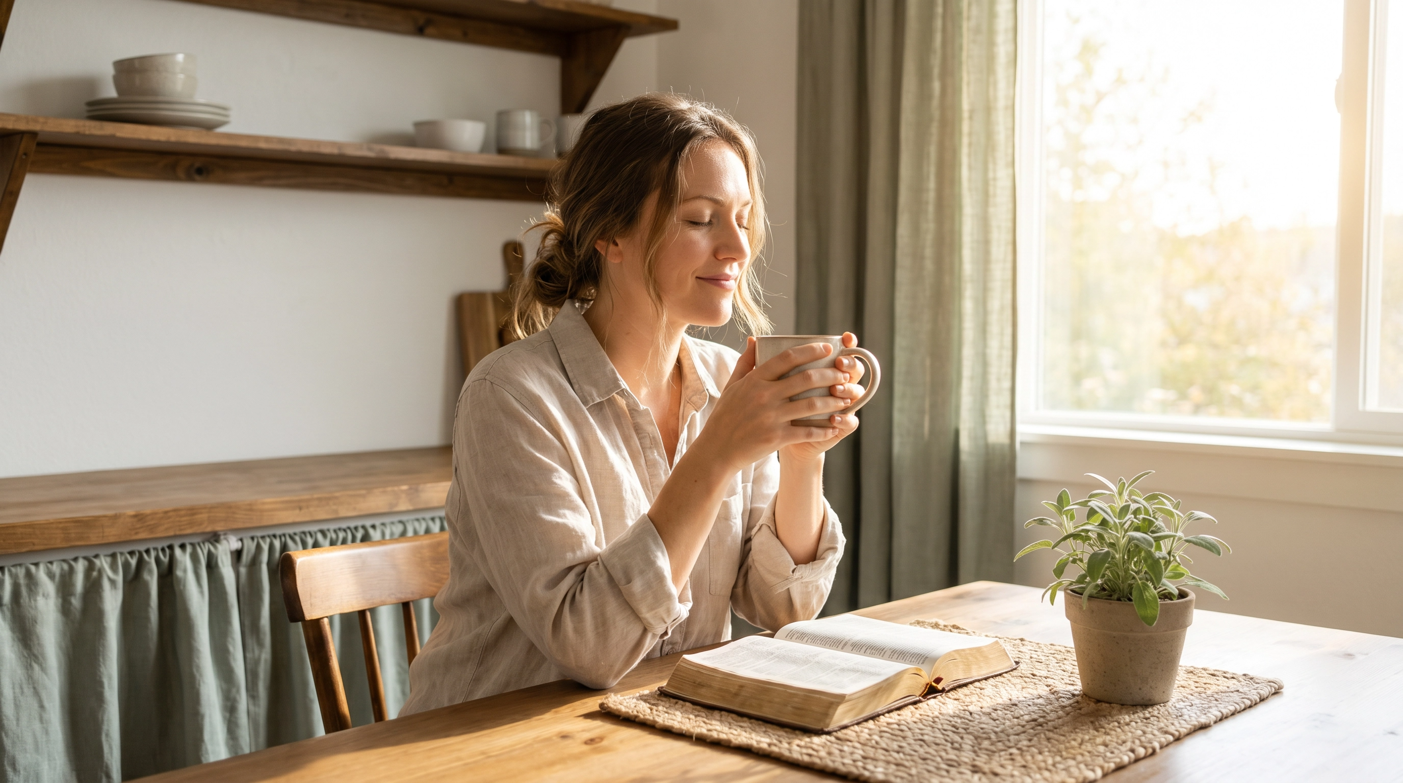 Woman sitting at a table with coffee and Bible, calm and reflective, representing peace and anxiety regulation