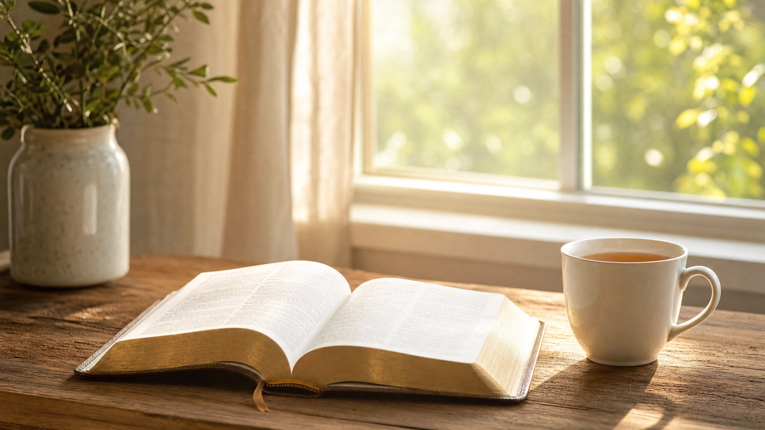 Open Bible and cup of tea by a sunlit window representing prayer, peace, and brain health