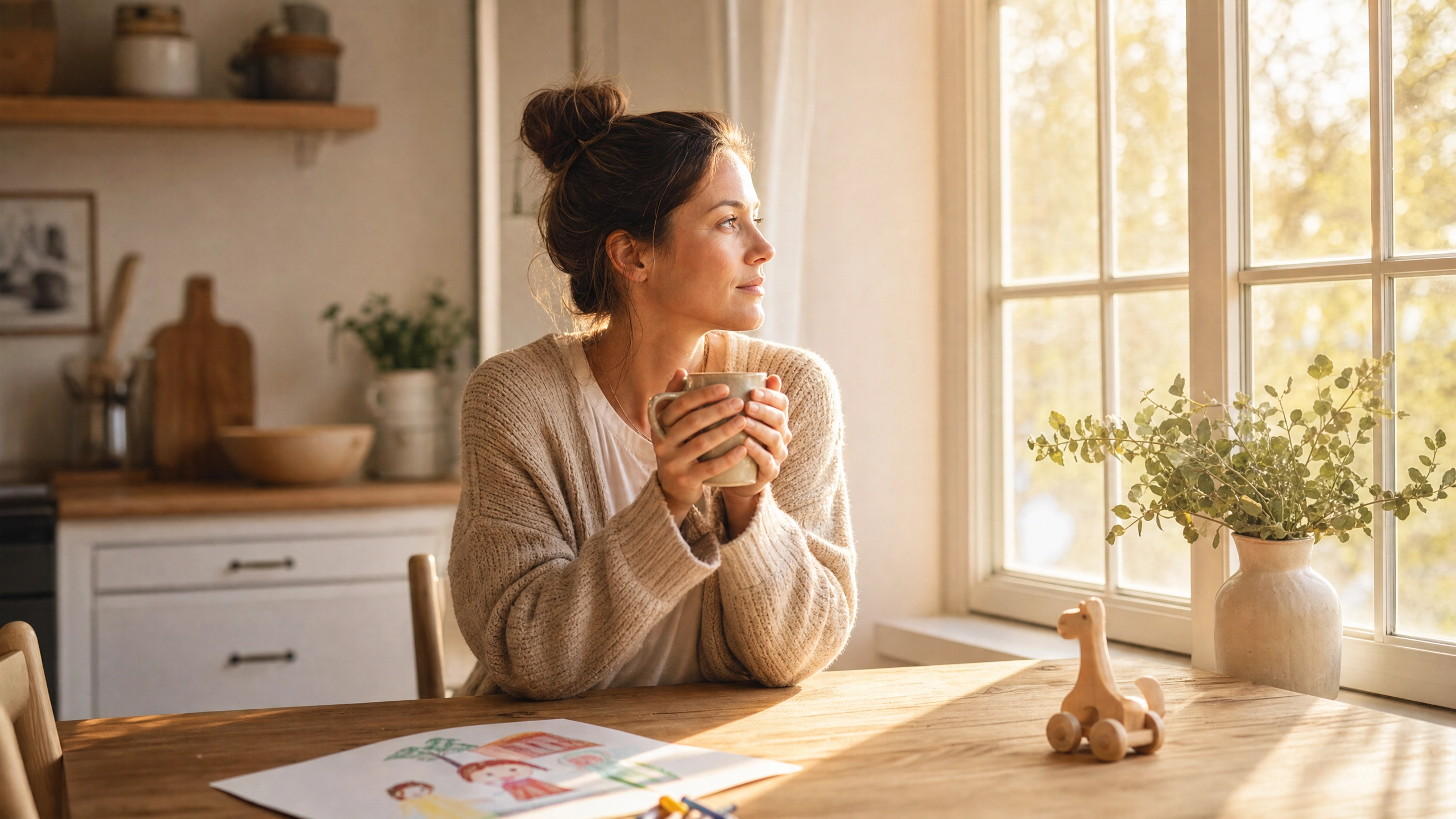 A woman sitting at a kitchen table holding a warm drink and looking thoughtfully out the window, reflecting on family, health, and life priorities.