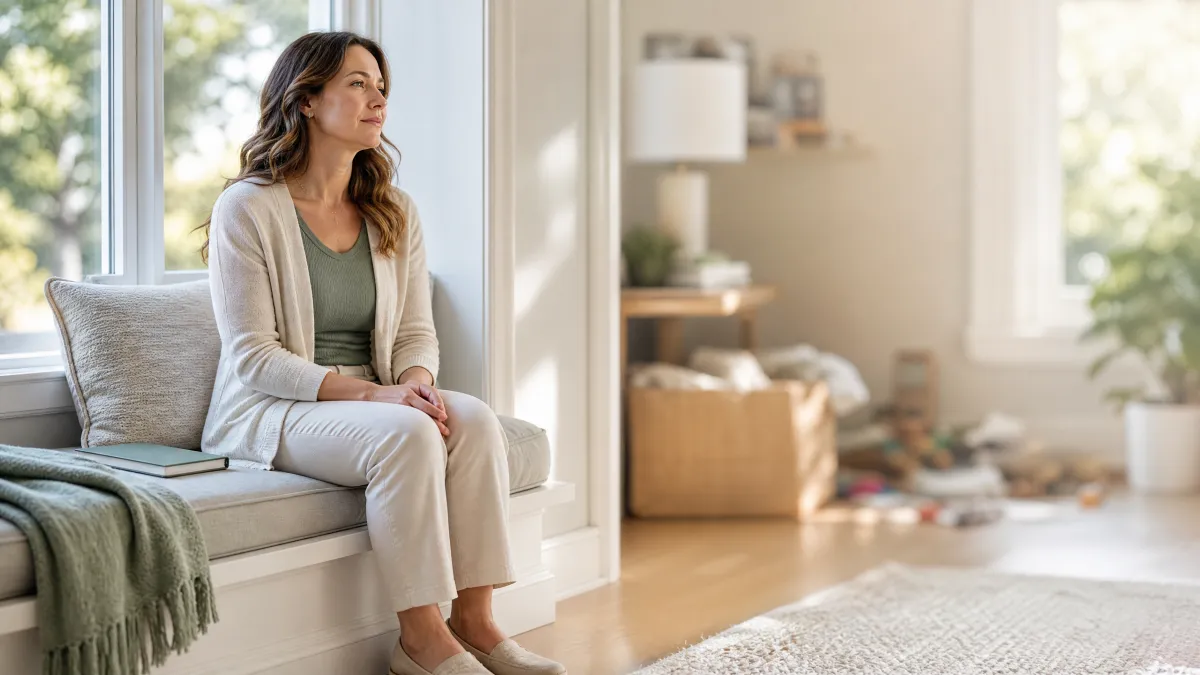 Woman sitting quietly by a window during a moment of stillness while daily life continues around her.