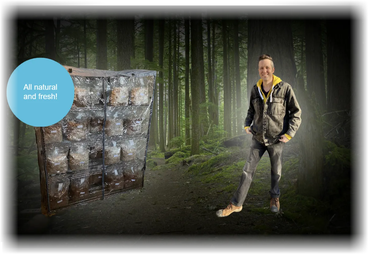 A NourishCap mushroom grow rack and Ben Ashpole standing in a forest
