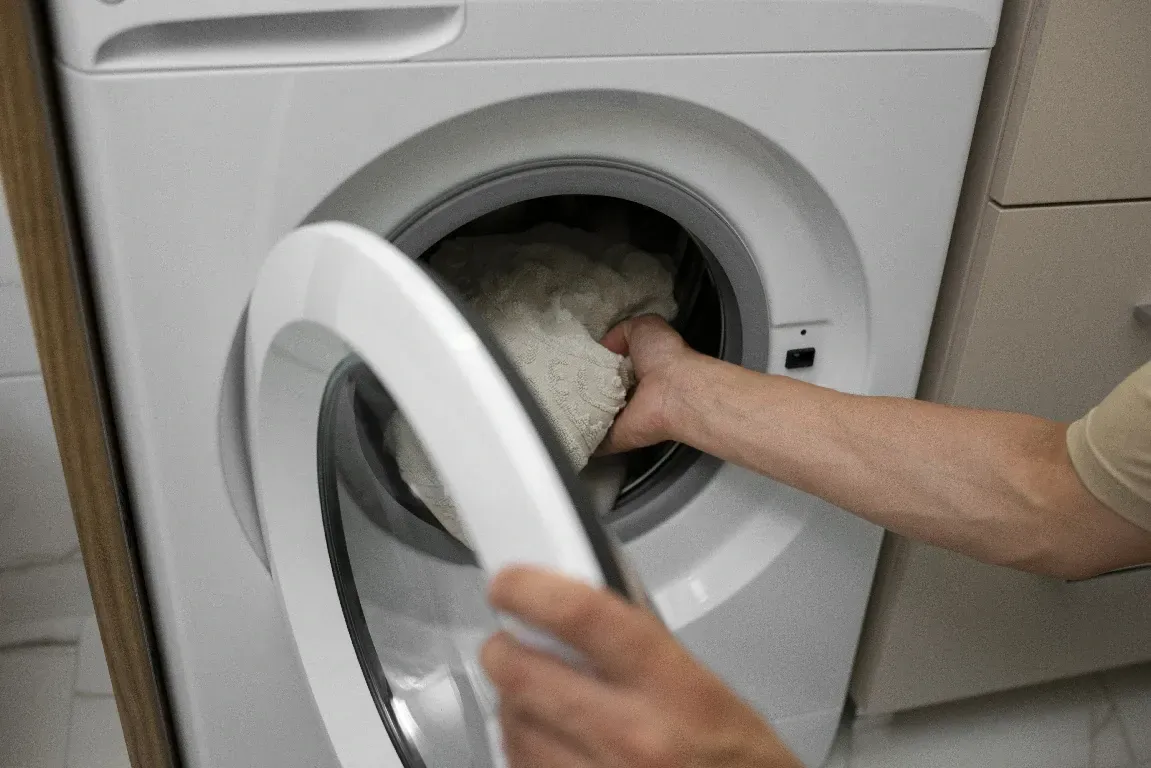 Hand placing wet laundry into a front-load dryer, representing appliance repair and maintenance.