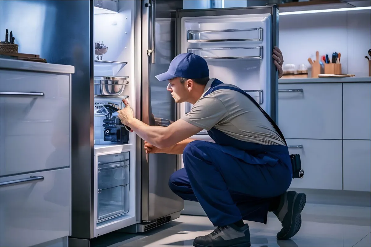 A technician is inspecting the inside of a stainless steel refrigerator with tools in a modern kitchen.
