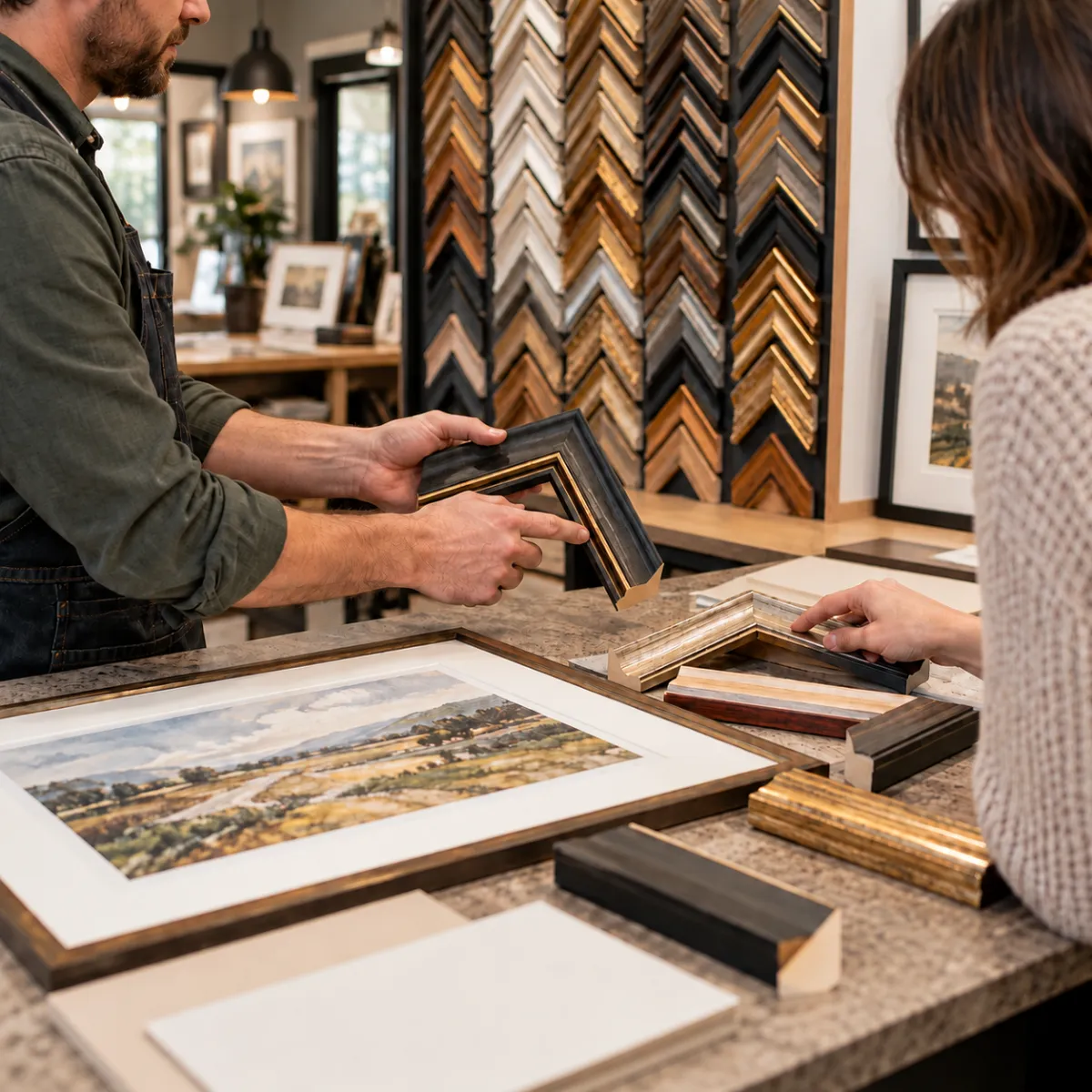 Custom picture framing consultation with frame moulding samples and framed artwork in a professional frame shop.