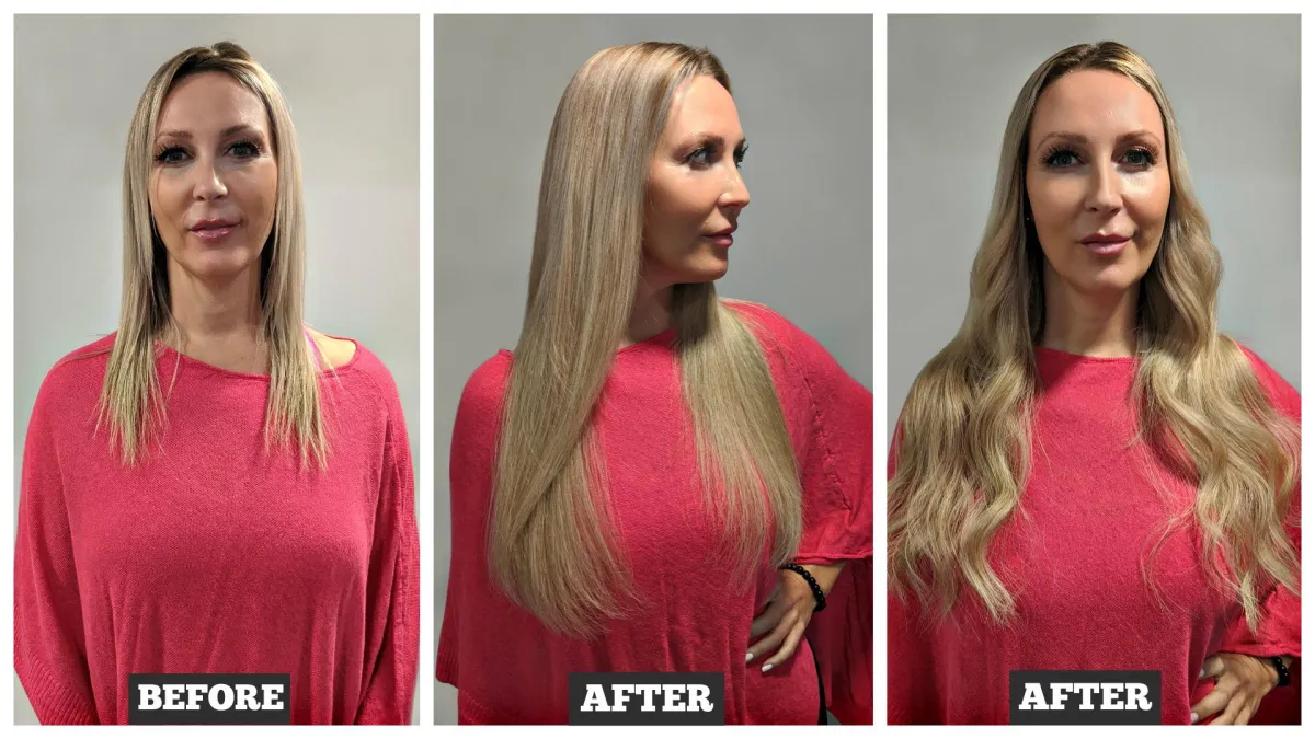 Before and After Extension Application from The Extensionista Academy Straight and Curled Hair