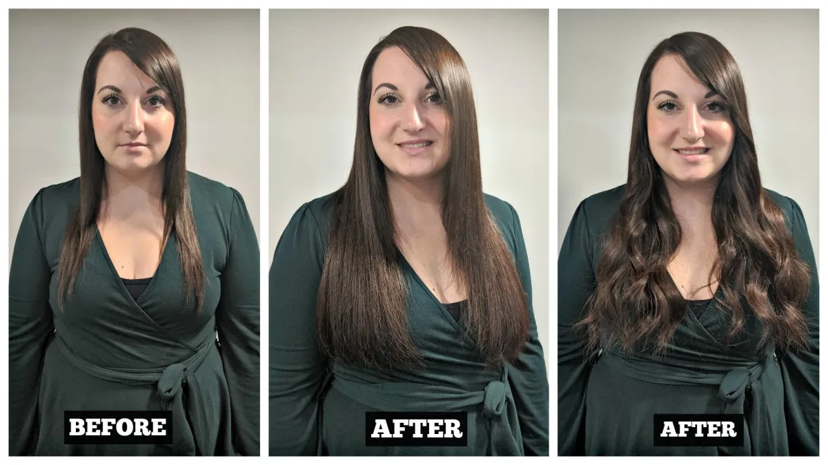 Before and After Extensions Application from The Extensionista Academy Straight & Curled Hair Brunette