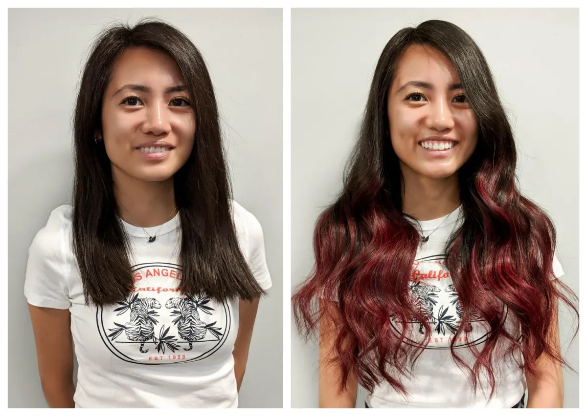 Chemical-free ombre and balayage extensions application for The Extensionista Academy with dark hair and red balayage