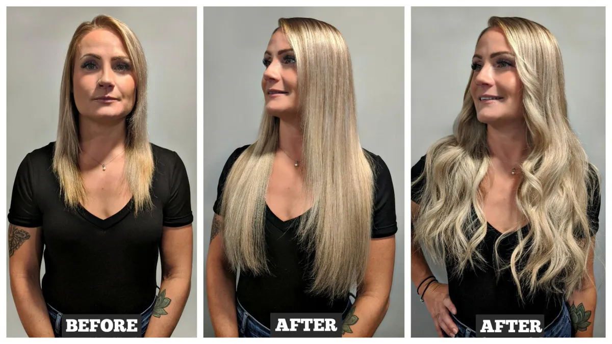 extensions Installation from The Extensionista Academy with long blonde hair straight & curled