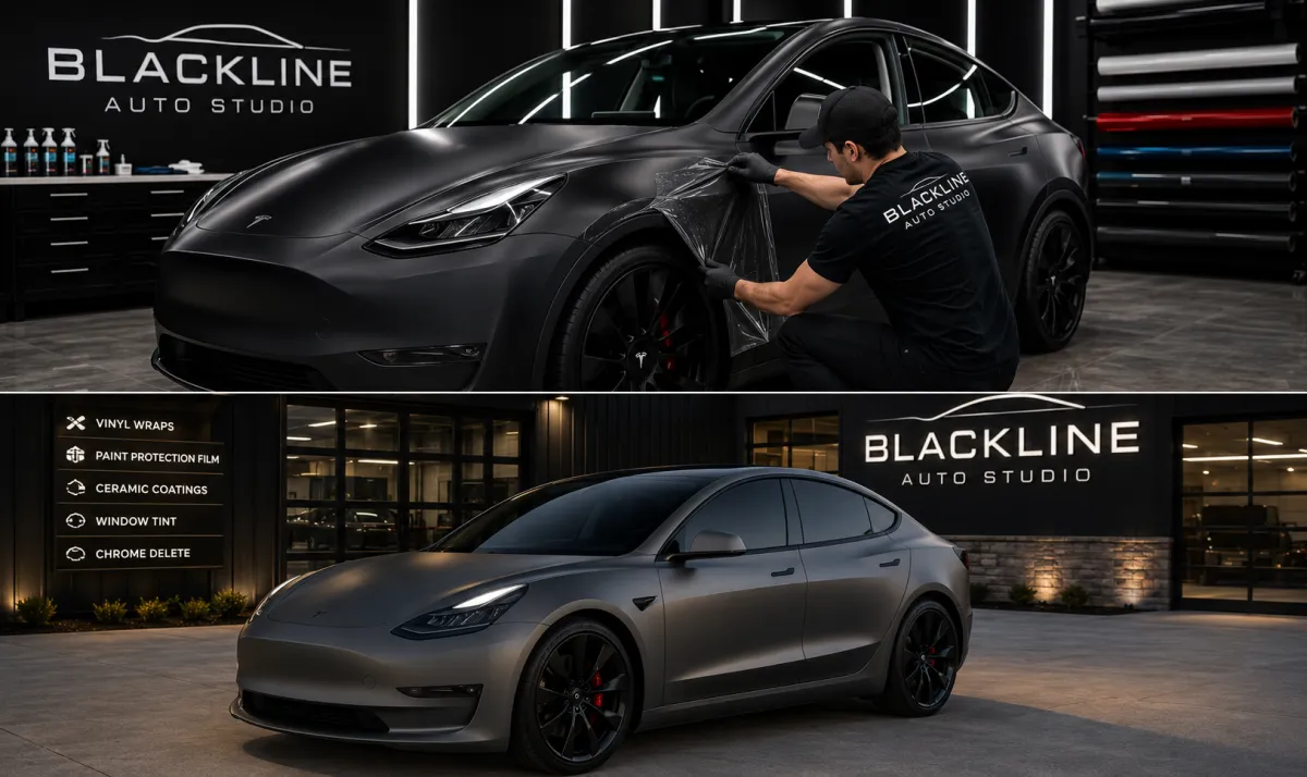 Technician installing a premium vinyl wrap on a Tesla at Blackline Auto Studio in Baldwin County, Alabama.