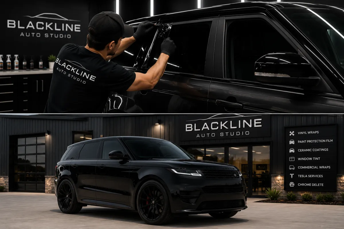 Technician performing a premium chrome delete installation at Blackline Auto Studio in Baldwin County, Alabama.