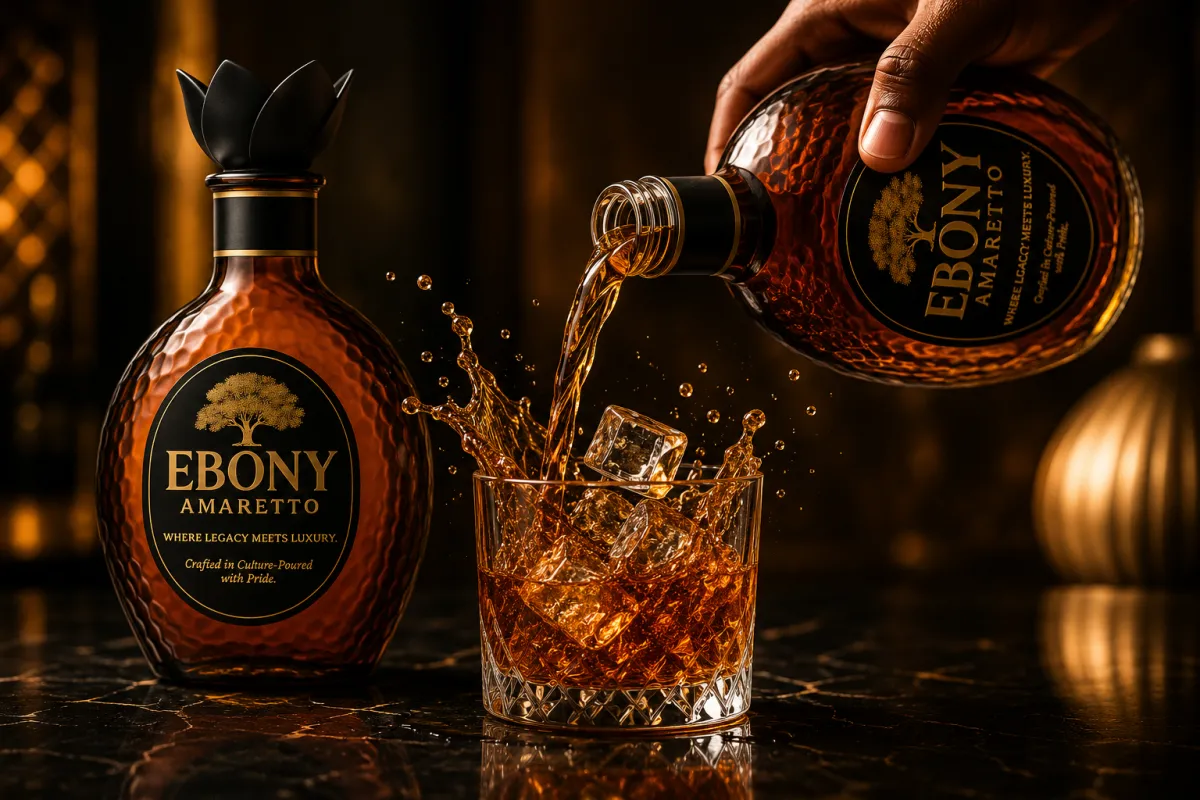 A dark, atmospheric bottle of premium Amaretto standing tall, representing cultural excellence.