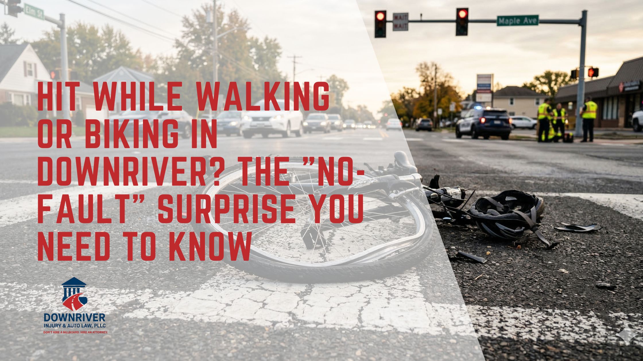 A realistic, sobering street-level photograph. In the foreground, the mangled front wheel of a bicycle rests on the asphalt just inside a painted white crosswalk line. The background shows a slightly blurred suburban intersection in the late afternoon. The tone is serious and cautionary. High resolution, 8k.