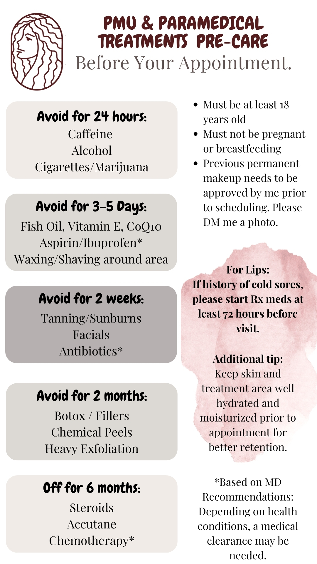 pre care instructions before the appointment for pmu permanent makeup microblading lip blush paramedical tattoo microneedling in Long Beach CA