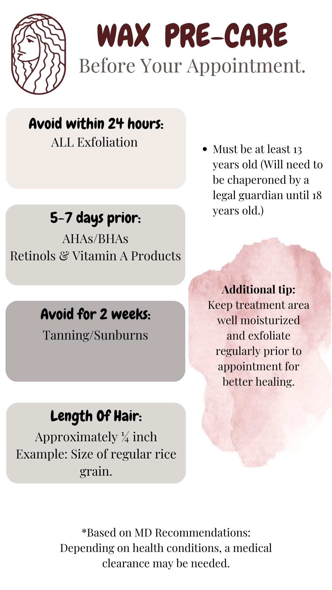 pre care instructions before the appointment information for wax hair removal brow wax underarm wax in Long Beach CA