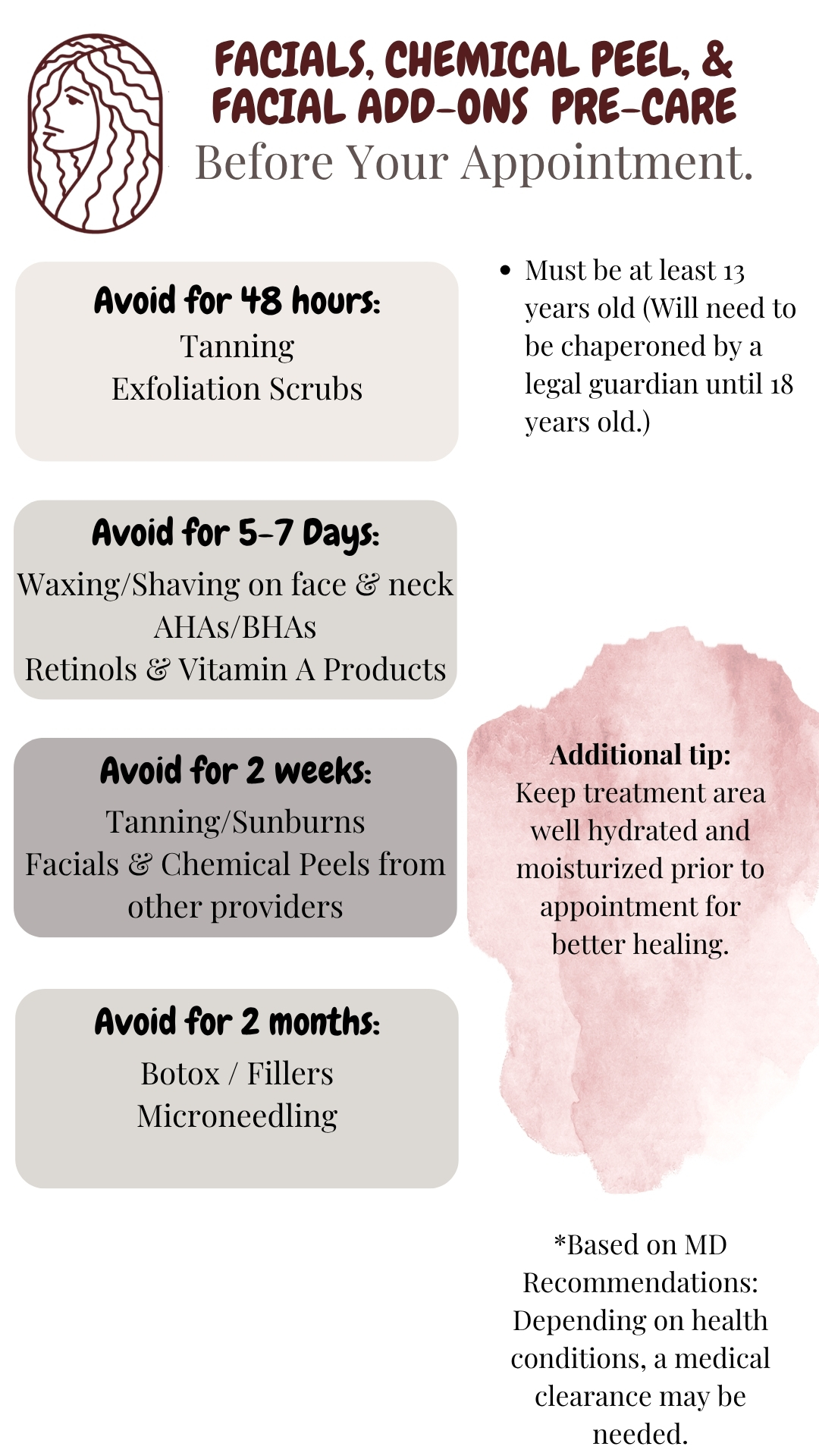 pre care instructions before the appointment for facials chemical peels microdermabrasion in Long Beach CA