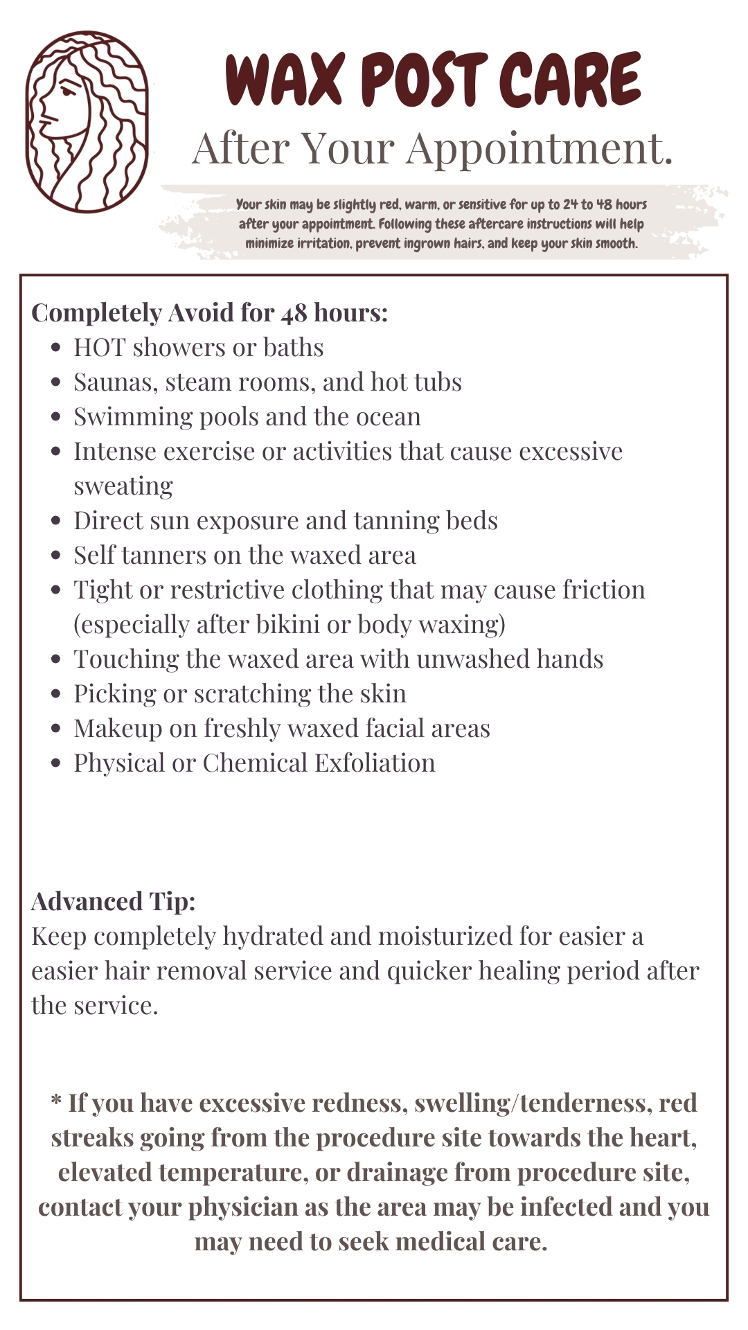post care instructions after the appointment information for wax hair removal brow wax underarm wax in Long Beach CA