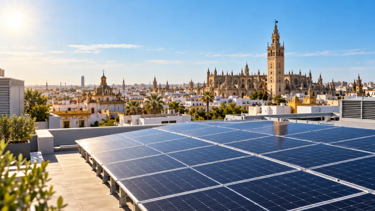 Paneles solares para empresas en Sevilla instalados sobre una nave industrial