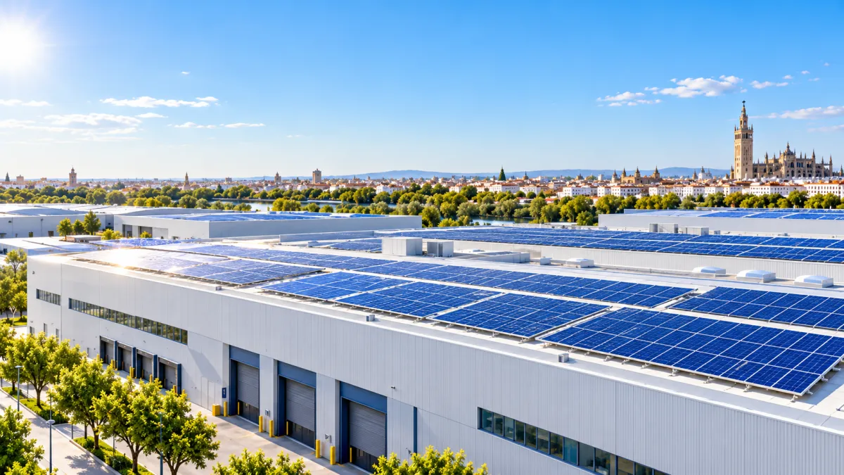 Paneles solares instalados sobre la cubierta de una nave industrial en Sevilla para reducir los costes energéticos de empresas.