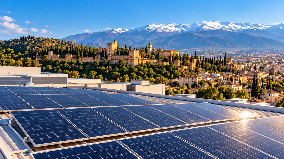 Paneles solares en una cubierta industrial en Granada con Sierra Nevada al fondo