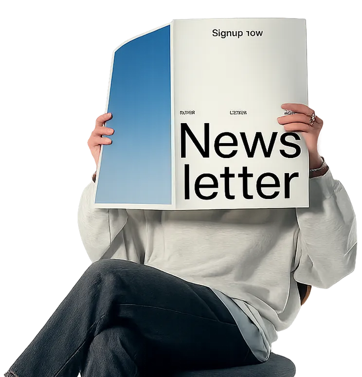 Person holding a magazine titled Newsletter while sitting on a chair