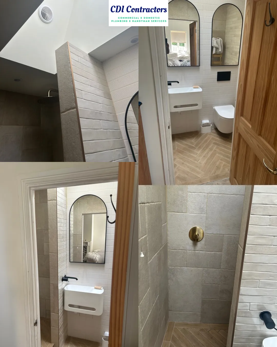 Four views of a compact en-suite refurbishment completed by CDI Contractors, showing a walk-in shower, wall-mounted basin, WC and contemporary tiling.