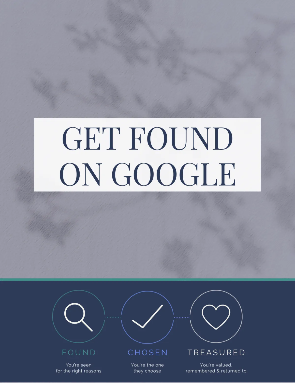 Image in soft transparent navy blue with heading Get Found On Google on white block. Navy block at bottom of image with Found Chosen Treasured iconography