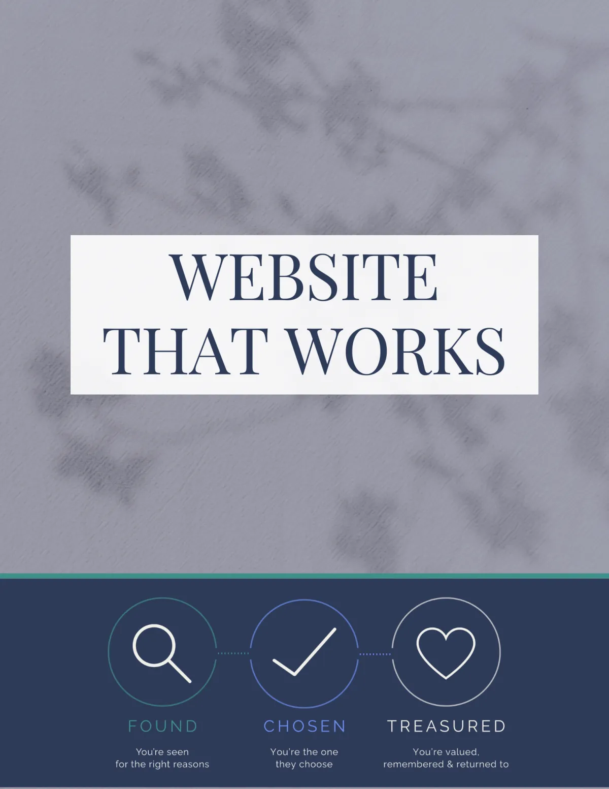 Image in soft transparent navy blue with heading Website That Works on white block. Navy block at bottom of image with Found Chosen Treasured iconography