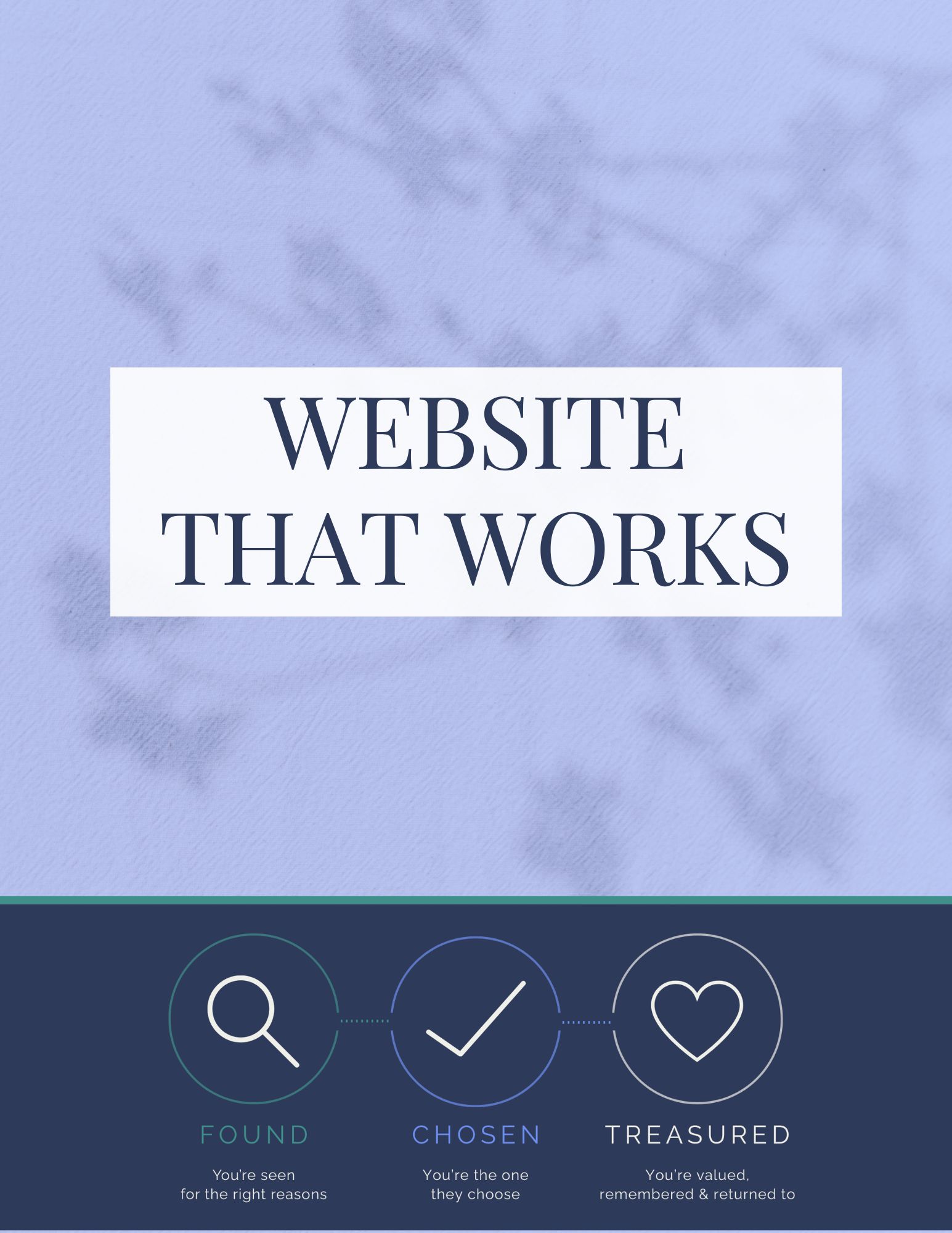Image in soft transparent navy blue with heading Website That Works on white block. Navy block at bottom of image with Found Chosen Treasured iconography