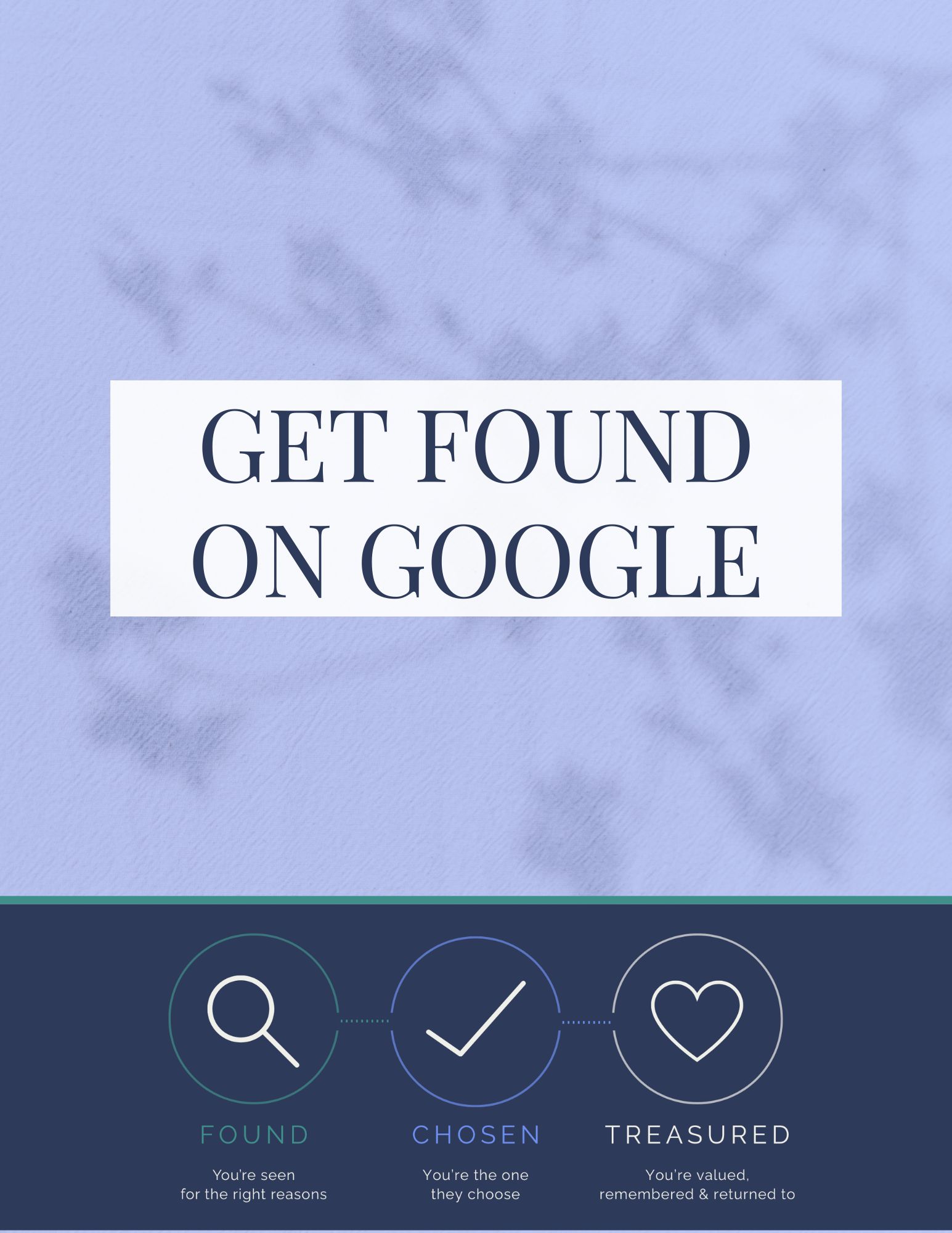 Image in soft transparent navy blue with heading Get Found On Google on white block. Navy block at bottom of image with Found Chosen Treasured iconography