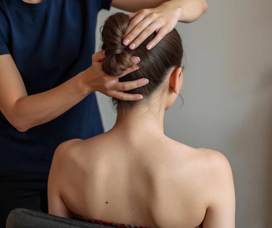 therapist performing indian head massage on seated client