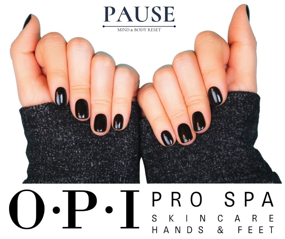 black manicure Pause Mind & Body Reset logo and OPI Pro Spa Skincare Hands & Feet logo