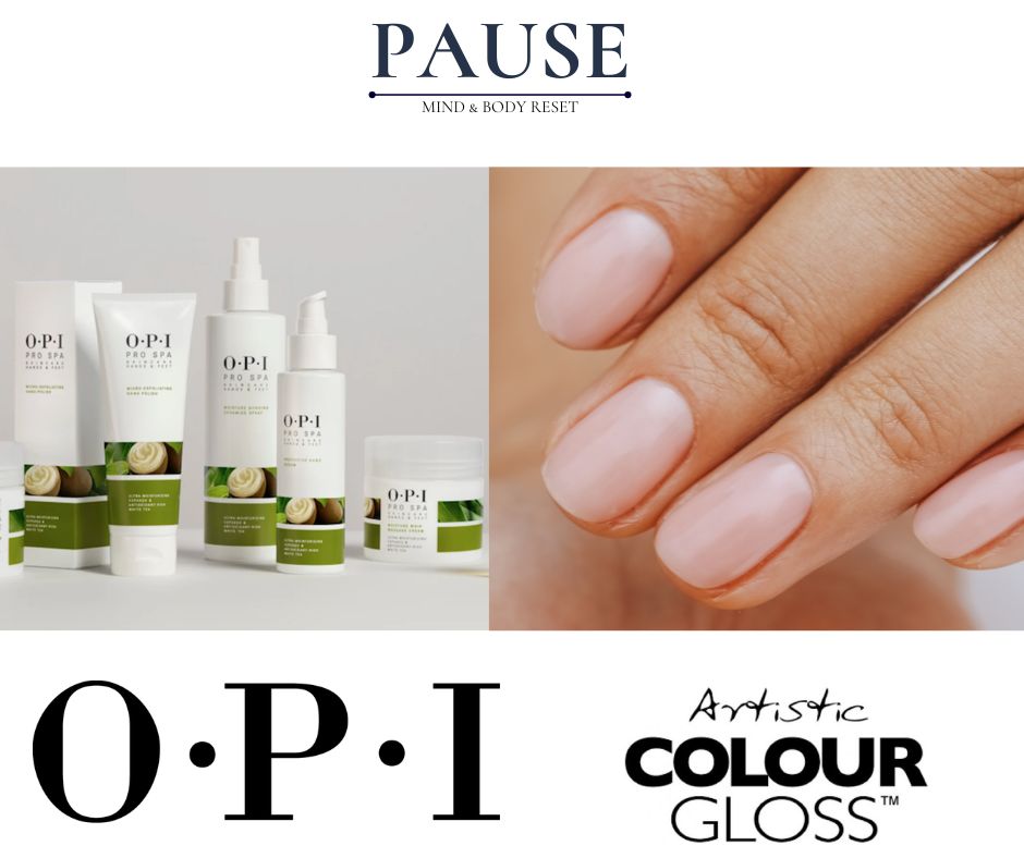OPI pro spa products soft pink natural nail Pause Mind & Body Reset logo and Artistic Colour Gloss logo & opi logo