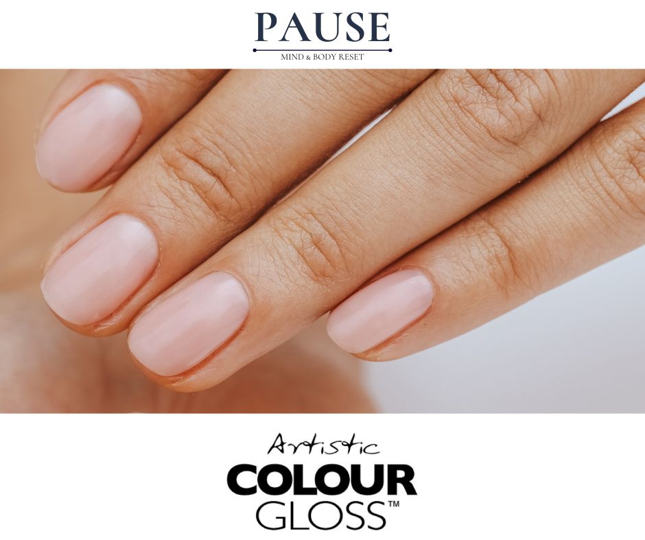 soft pink natural nail Pause Mind & Body Reset logo and Artistic Colour Gloss logo