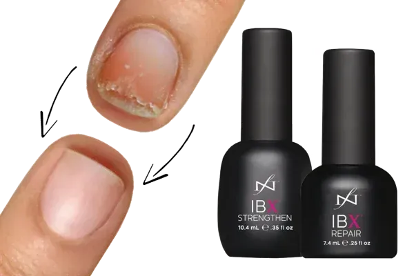 IBX natural nail suppor and strenghtening showing before and after of damaged nails to normal nails