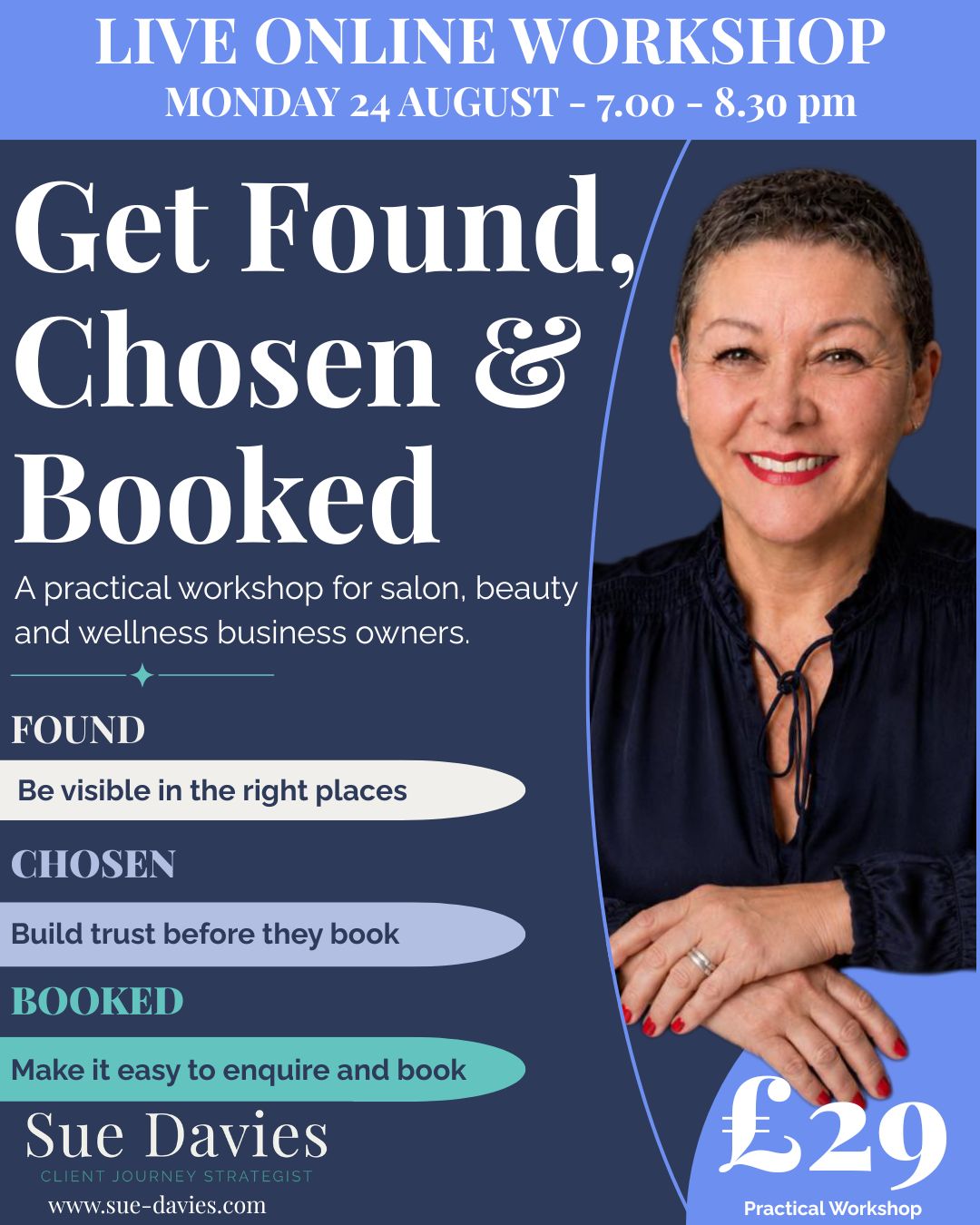 Image of 6 month business planner from Sue Davies. Navy blue a4 planner on a desk with a bowl of fruit a pencil, a notebook and Sue Davies Client Journey Strategist in top corner with legend Found Chosen Treasured
