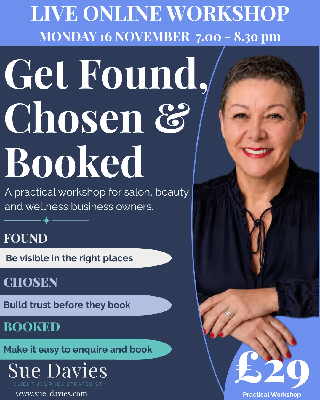 Image of 6 month business planner from Sue Davies. Navy blue a4 planner on a desk with a bowl of fruit a pencil, a notebook and Sue Davies Client Journey Strategist in top corner with legend Found Chosen Treasured