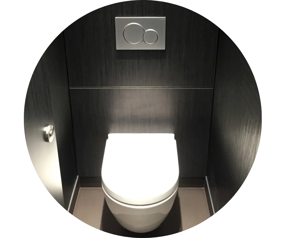 Compact commercial WC installation by CDI Contractors, featuring dark wall panels, a concealed cistern and dual-flush plate.