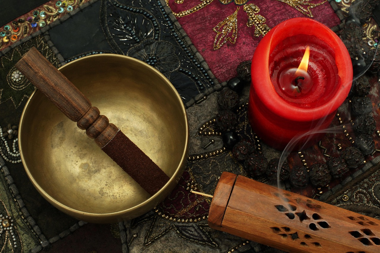 ritual singing bowls, candles, chimes