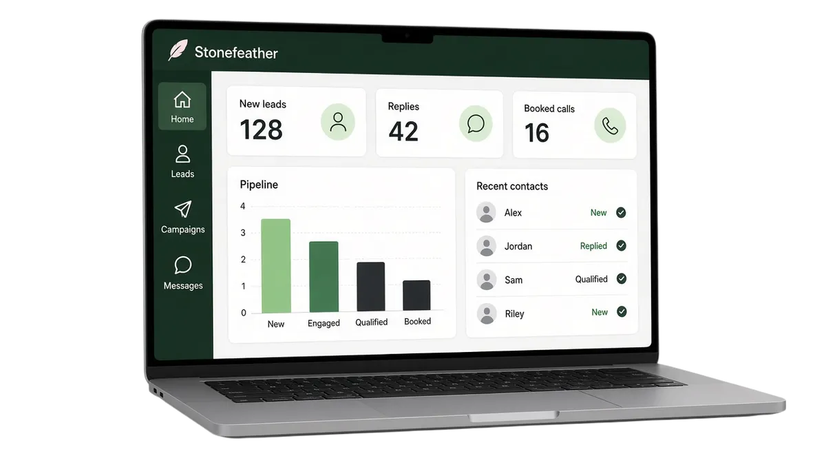 Stonefeather Marketing leads dashboard on a laptop
